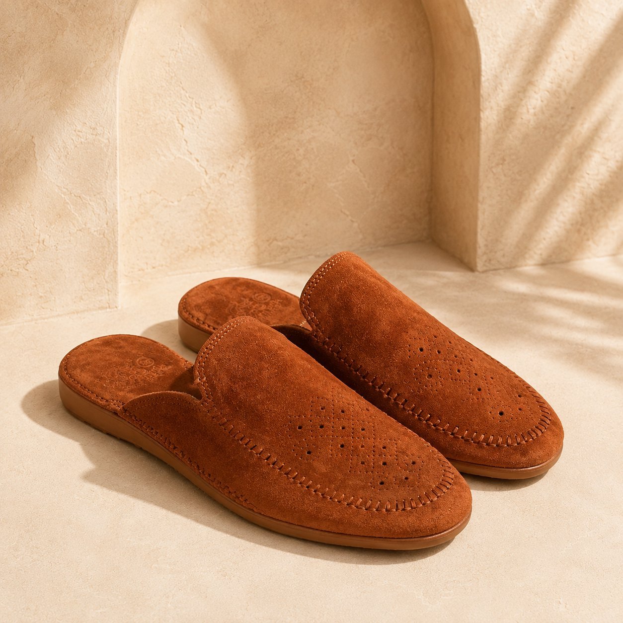 Babouche Fes femme mule en daim cannelle ajouré